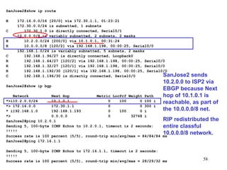 SanJose2#show ip route   B  172.16.0.0/16 [20/0] via 172.30.1.1, 01:23:21 172.30.0.0/24 is subnetted, 1 subnets C  172.30.1.0 is directly connected, Serial0/1 10.0.0.0/8 is variably subnetted, 2 subnets, 2 masks B  10.2.0.0/24 [200/0] via 10.1.0.1, 00:31:24 R  10.0.0.0/8 [120/2] via 192.168.1.198, 00:00:25, Serial0/0 192.168.1.0/24 is variably subnetted, 5 subnets, 2 masks C  192.168.1.96/27 is directly connected, Loopback0 R  192.168.1.64/27 [120/2] via 192.168.1.198, 00:00:25, Serial0/0 R  192.168.1.32/27 [120/1] via 192.168.1.198, 00:00:25, Serial0/0 R  192.168.1.192/30 [120/1] via 192.168.1.198, 00:00:25, Serial0/0 C  192.168.1.196/30 is directly connected, Serial0/0 SanJose2#show ip bgp   Network  Next Hop  Metric LocPrf Weight Path *>i10.2.0.0/24  10.1.0.1  0  100  0 100 i *> 172.16.0.0  172.30.1.1  0  0 300 i * i192.168.1.0  192.168.1.193  0  100  0 i *>  0.0.0.0  0  32768 i SanJose2#ping 10.2.0.1 Sending 5, 100-byte ICMP Echos to 10.2.0.1, timeout is 2 seconds: !!!!! Success rate is 100 percent (5/5), round-trip min/avg/max = 84/84/84 ms SanJose2#ping 172.16.1.1 Sending 5, 100-byte ICMP Echos to 172.16.1.1, timeout is 2 seconds: !!!!! Success rate is 100 percent (5/5), round-trip min/avg/max = 28/29/32 ms SanJose2 sends 10.2.0.0 to ISP2 via EBGP because Next hop of 10.1.0.1 is reachable, as part of the 10.0.0.0/8 net. RIP redistributed the entire classful 10.0.0.0/8 network. 