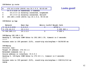 ISP1#show ip route   B  172.16.0.0/16 [20/0] via 10.1.0.2, 00:03:49 10.0.0.0/24 is subnetted, 2 subnets C  10.2.0.0 is directly connected, Loopback0 C  10.1.0.0 is directly connected, Serial0 B  192.168.1.0/24 [20/0] via 10.1.0.2, 00:03:22 ISP1#show ip bgp   Network  Next Hop  Metric LocPrf Weight Path *> 10.2.0.0/24  0.0.0.0  0  32768 i *> 172.16.0.0  10.1.0.2  0 200 300 i *> 192.168.1.0  10.1.0.2  0  0 200 i ISP1#ping 192.168.1.33 Sending 5, 100-byte ICMP Echos to 192.168.1.33, timeout is 2 seconds: !!!!! Success rate is 100 percent (5/5), round-trip min/avg/max = 56/56/60 ms ISP1#ping Protocol [ip]: Target IP address: 172.16.1.1 Extended commands [n]: y Source address or interface: 10.2.0.1 Sending 5, 100-byte ICMP Echos to 172.16.1.1, timeout is 2 seconds: !!!!! Success rate is 100 percent (5/5), round-trip min/avg/max = 108/111/112 ms ISP1#   Looks good! 