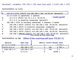 SanJose2:   neighbor 192.168.1.193 next-hop-self (->192.168.1.197) SanJose1#show ip route   R  172.16.0.0/16 [120/3] via 192.168.1.194, 00:00:24, Serial0/0 10.0.0.0/24 is subnetted, 2 subnets B  10.2.0.0 [20/0] via 10.1.0.1, 00:05:51 C  10.1.0.0 is directly connected, Serial0/1 192.168.1.0/24 is variably subnetted, 5 subnets, 2 masks R  192.168.1.96/27 [120/2] via 192.168.1.194, 00:00:24, Serial0/0 C  192.168.1.64/27 is directly connected, Loopback0 R  192.168.1.32/27 [120/1] via 192.168.1.194, 00:00:24, Serial0/0 R  192.168.1.32/27 [120/1] via 192.168.1.194, 00:00:24, Serial0/0 R  192.168.1.196/30 [120/1] via 192.168.1.194, 00:00:25, Serial0/0 SanJose1#show ip bgp   Network  Next Hop  Metric LocPrf Weight Path *> 10.2.0.0/24  10.1.0.1  0  0 100 i *>i172.16.0.0  192.168.1.197  0  100  0 300 i * i192.168.1.0  192.168.1.197  0  100  0 i *>  0.0.0.0  0  32768 i Looks good! Effect of the next-hop-self (was 172.30.1.1) The route to the next hop 