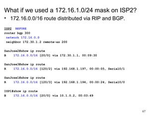 What if we used a 172.16.1.0/24 mask on ISP2? 172.16.0.0/16 route distributed via RIP and BGP. ISP2   BEFORE router bgp 300 network 172.16.0.0 neighbor 172.30.1.2 remote-as 200 SanJose2#show ip route B  172.16.0.0/16  [20/0] via 172.30.1.1, 00:09:30 SanJose3#show ip route R  172.16.0.0/16  [120/2] via 192.168.1.197, 00:00:05, Serial0/1 SanJose1#show ip route R  172.16.0.0/16  [120/3] via 192.168.1.194, 00:00:24, Serial0/0 ISP1#show ip route B  172.16.0.0/16  [20/0] via 10.1.0.2, 00:03:49 