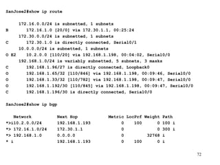 SanJose2#show ip route   172.16.0.0/24 is subnetted, 1 subnets B  172.16.1.0 [20/0] via 172.30.1.1, 00:25:24 172.30.0.0/24 is subnetted, 1 subnets C  172.30.1.0 is directly connected, Serial0/1 10.0.0.0/24 is subnetted, 1 subnets O E2  10.2.0.0 [110/20] via 192.168.1.198, 00:04:02, Serial0/0 192.168.1.0/24 is variably subnetted, 5 subnets, 3 masks C  192.168.1.96/27 is directly connected, Loopback0 O  192.168.1.65/32 [110/846] via 192.168.1.198, 00:09:46, Serial0/0 O  192.168.1.33/32 [110/782] via 192.168.1.198, 00:09:47, Serial0/0 O  192.168.1.192/30 [110/845] via 192.168.1.198, 00:09:47, Serial0/0 C  192.168.1.196/30 is directly connected, Serial0/0 SanJose2#show ip bgp   Network  Next Hop  Metric LocPrf Weight Path *>i10.2.0.0/24  192.168.1.193  0  100  0 100 i *> 172.16.1.0/24  172.30.1.1  0  0 300 i *> 192.168.1.0  0.0.0.0  0  32768 i * i  192.168.1.193  0  100  0 i 