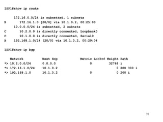 ISP1#show ip route   172.16.0.0/24 is subnetted, 1 subnets B  172.16.1.0 [20/0] via 10.1.0.2, 00:25:00 10.0.0.0/24 is subnetted, 2 subnets C  10.2.0.0 is directly connected, Loopback0 C  10.1.0.0 is directly connected, Serial0 B  192.168.1.0/24 [20/0] via 10.1.0.2, 00:29:04 ISP1#show ip bgp   Network  Next Hop  Metric LocPrf Weight Path *> 10.2.0.0/24  0.0.0.0  0  32768 i *> 172.16.1.0/24  10.1.0.2  0 200 300 i *> 192.168.1.0  10.1.0.2  0  0 200 i 