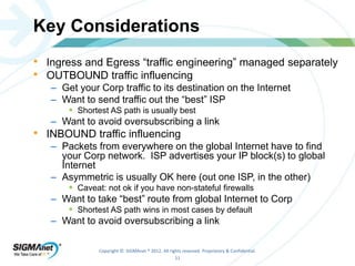 Key Considerations 
• Ingress and Egress “traffic engineering” managed separately 
• OUTBOUND traffic influencing 
– Get your Corp traffic to its destination on the Internet 
– Want to send traffic out the “best” ISP 
 Shortest AS path is usually best 
– Want to avoid oversubscribing a link 
• INBOUND traffic influencing 
– Packets from everywhere on the global Internet have to find 
your Corp network. ISP advertises your IP block(s) to global 
Internet 
– Asymmetric is usually OK here (out one ISP, in the other) 
 Caveat: not ok if you have non-stateful firewalls 
– Want to take “best” route from global Internet to Corp 
 Shortest AS path wins in most cases by default 
– Want to avoid oversubscribing a link 
Copyright © SIGMAnet ® 2012. All rights reserved. Proprietary & Confidential. 
11 
 