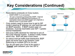Key Considerations (Continued) 
• Redundancy protocols on Corp routers. 
– HSRP/VRRP if L2 connected 
– Or use L3 dynamic protocol like OSPF. Internet 
routers can be in different Corp locations, L3 
connected. Each Corp BGP router can originate a 
default route in Corp-wide OSPF. 
• Corp routers need to know how to get to ISP 
router’s peering IP address (or use next-hop-self 
on iBGP session). If iBGP routers peer on 
loopback, must be reachable (use IGP + update-source 
Copyright © SIGMAnet ® 2012. All rights reserved. Proprietary & Confidential. 
12 
loopback0) 
• Get Corp traffic destined for Internet to one of 
the Corp Internet routers. It doesn’t really matter 
which one. BGP will take it from there. 
• It’s about manual traffic load distribution; BGP 
does not know how to do dynamic Load 
Balancing to multiple ISPs on its own 
• You do not want your Corp to be come a 
“Transit” path between your two ISP’s! 
 