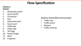 Flow	Speciﬁca5on	
Op'ons	
(NLRI):	
1.  Des'na'on	preﬁx	
2.  Source	preﬁx	
3.  IP	protocol		
4.  Port	
5.  Des'na'on	port		
6.  Source	port	
7.  ICMP	type	
8.  ICMP	code	
9.  TCP	ﬂags	
10.  Packet	length	
11.  DSCP	
12.  Fragment	
	
	
	
		
Ac'ons	(extended-community):	
•  Traﬃc-rate		
•  Traﬃc-ac'on	
•  Redirect	
•  Traﬃc-marking		
	
 