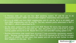 • In Previous slide you can see four BGP speaking routers. R1 and R2 are in AS
(Autonomous System) 65001 and form IBGP neighbor relationship with each other.
• R3 is in AS 65002 and form EBGP neighborship with R1 and R4. R4 is in AS 65003 and
form EBGP neighborship with R2 and R3. The only network prefix advertised in BGP is
192.168.0.1, which is advertised by R1.
• All the other routers learn this route from BGP. Router R2 learns this network prefix
directly from R1 which is in the same AS. Also, this prefix is sent to R3 by R1 as a BGP
routing update and by R3 to R4. Router R4 in turn will send BGP routing update to R2.
• Routing information loop would have occurred if loop prevention mechanism wouldn’t
exist. Because routing update about 192.168.0.0/24 received by R2 from R4 contains
R2’s own AS (65001), R2 will reject that update and will not be sent further to other
IBGP neighbors (in this case – R1).
 