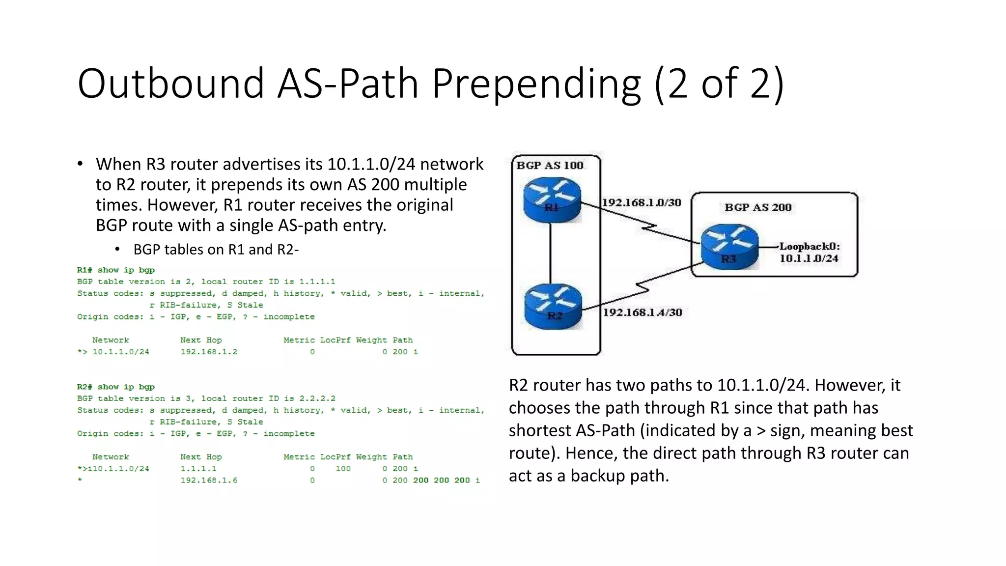 Outbound AS-Path Prepending (2 of 2)
• When R3 router advertises its 10.1.1.0/24 network
to R2 router, it prepends its own AS 200 multiple
times. However, R1 router receives the original
BGP route with a single AS-path entry.
• BGP tables on R1 and R2-
R2 router has two paths to 10.1.1.0/24. However, it
chooses the path through R1 since that path has
shortest AS-Path (indicated by a > sign, meaning best
route). Hence, the direct path through R3 router can
act as a backup path.
 
