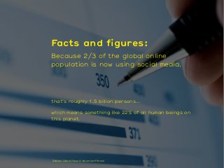 Facts and figures:
Because 2/3 of the global online
population is now using social media.




that’s roughly 1.5 billion p...