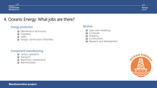 4. Oceanic Energy: What jobs are there?
Energy production
Component manufacturing
 Maintenance technicians
 Engineers
 Sailor
 Design, construction of facilities
 Factory operators
 Transport
 Machinery maintenance
 Administration
Services
 Sales and marketing
 Computer
 Shipping
 Construction
 Research and development
 