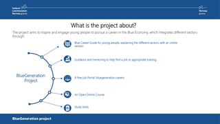 What is the project about?
The project aims to inspire and engage young people to pursue a career in the Blue Economy, which integrates different sectors
through:
A free job Portal: bluegeneration.careers
An Open Online Course
Study Visits
BlueGeneration
Project
Guidance and mentoring to help find a job or appropriate training
Blue Career Guide for young people, explaining the different sectors, with an online
version
 