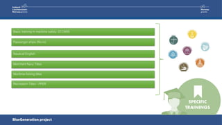 Passenger ships (Ro-ro)
Nautical English
SPECIFIC
TRAININGS
Basic training in maritime safety: STCW95
Merchant Navy Titles
Maritime-fishing titles
Recreation Titles - PPER
 