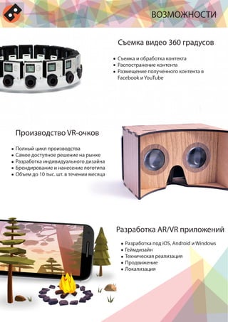 ВОЗМОЖНОСТИ
Съемка видео 360 градусов
Производство VR-очков
Разработка AR/VR приложений
Съемка и обработка контекта
Распостранение контента
Размещение полученного контента в
Facebook и YouTube
Полный цикл производства
Самое доступное решение на рынке
Разработка индивидуального дизайна
Брендирование и нанесение логотипа
Объем до 10 тыс. шт. в течении месяца
Разработка под iOS, Android и Windows
Геймдизайн
Техническая реализация
Продвижение
Локализация
 