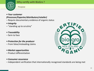 12 
Why certify with BioGro ? 
- Purpose 
• Your customer 
(Processor/Exporter/distributors/retailer) 
– Require documentary evidence of organic status 
• Integrity 
– “standing up to scrutiny” 
• Traceability 
– farm to face 
• Protection for the producer 
– From false/misleading claims 
• Market opportunities 
– Product differentiation 
• Consumer assurance 
– Independent verification that internationally recognised standards are being met 
 