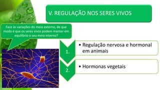 V. REGULAÇÃO NOS SERES VIVOS

 Face às variações do meio externo, de que
modo é que os seres vivos podem manter em
       equilíbrio o seu meio interno?

                                             • Regulação nervosa e hormonal
                                       1.      em animais

                                             • Hormonas vegetais
                                       2.
 