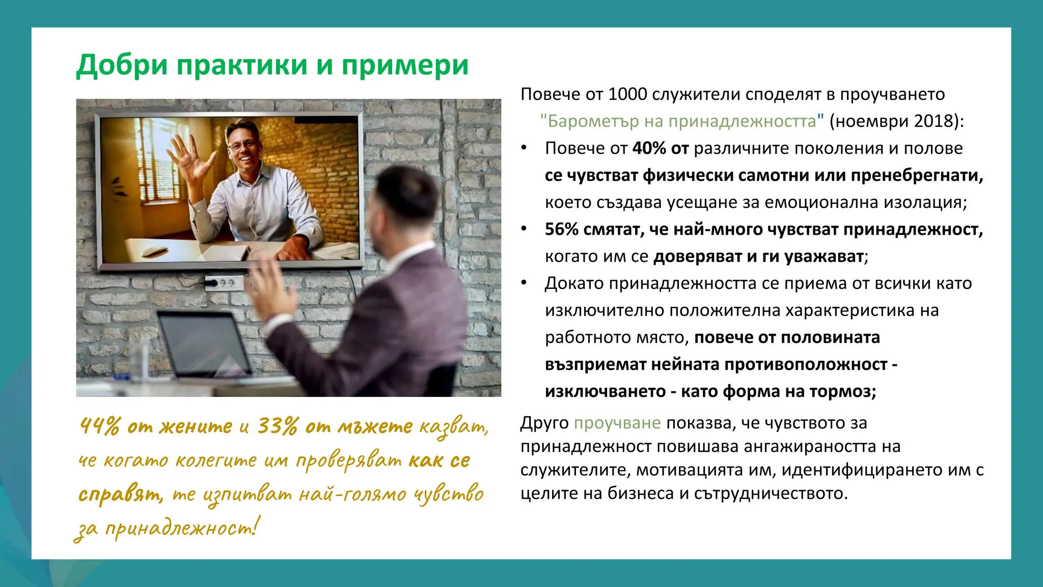 програма
за
овластяване
след
пандемията
Добри практики и примери
Повече от 1000 служители споделят в проучването
"Барометър на принадлежността" (ноември 2018):
• Повече от 40% от различните поколения и полове
се чувстват физически самотни или пренебрегнати,
което създава усещане за емоционална изолация;
• 56% смятат, че най-много чувстват принадлежност,
когато им се доверяват и ги уважават;
• Докато принадлежността се приема от всички като
изключително положителна характеристика на
работното място, повече от половината
възприемат нейната противоположност -
изключването - като форма на тормоз;
Друго проучване показва, че чувството за
принадлежност повишава ангажираността на
служителите, мотивацията им, идентифицирането им с
целите на бизнеса и сътрудничеството.
44% от жените и 33% от мъжете казват,
че когато колегите им проверяват как се
справят, те изпитват най-голямо чувство
за принадлежност!
 