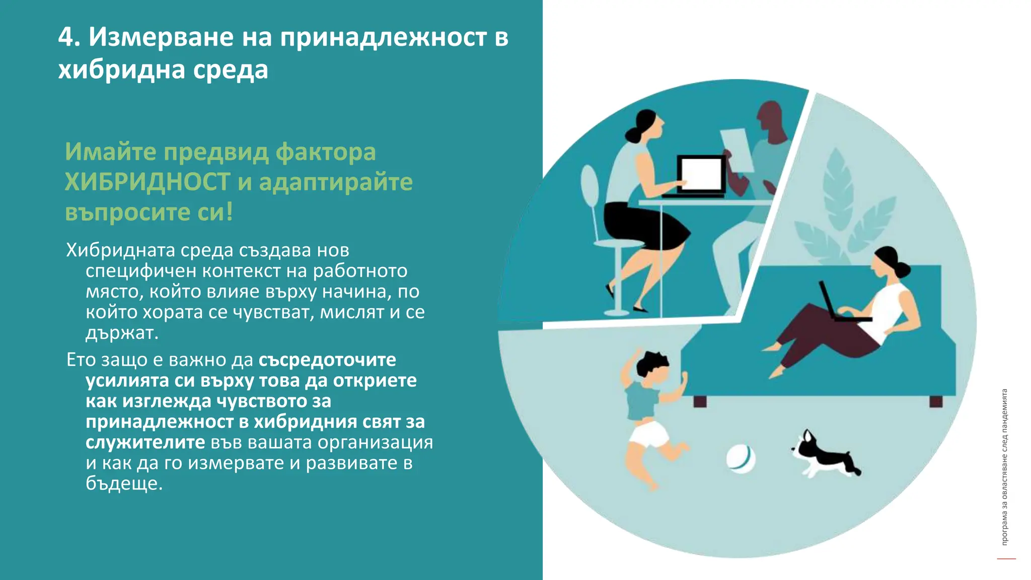 програма
за
овластяване
след
пандемията
Хибридната среда създава нов
специфичен контекст на работното
място, който влияе върху начина, по
който хората се чувстват, мислят и се
държат.
Ето защо е важно да съсредоточите
усилията си върху това да откриете
как изглежда чувството за
принадлежност в хибридния свят за
служителите във вашата организация
и как да го измервате и развивате в
бъдеще.
Имайте предвид фактора
ХИБРИДНОСТ и адаптирайте
въпросите си!
4. Измерване на принадлежност в
хибридна среда
 