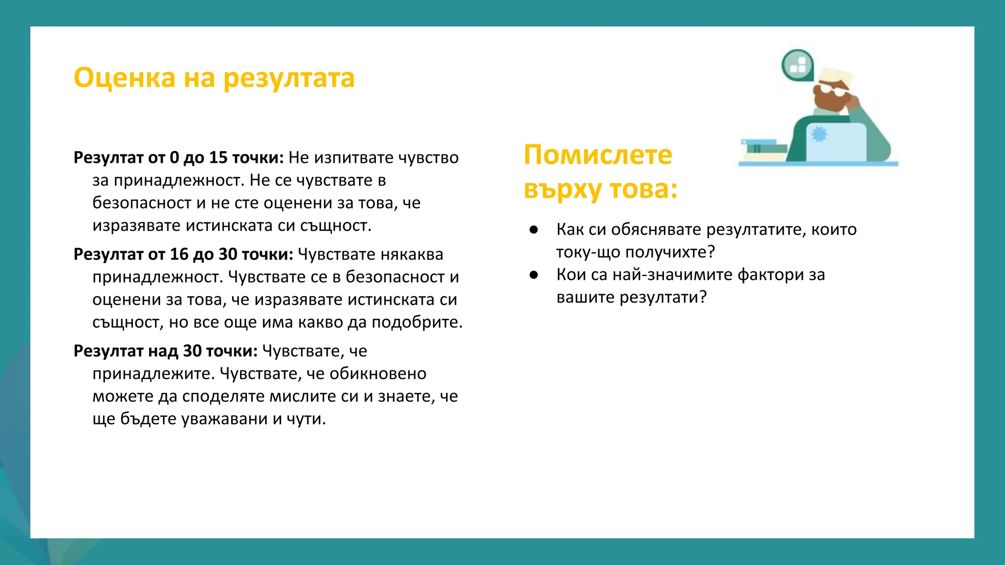 програма
за
овластяване
след
пандемията
Оценка на резултата
Резултат от 0 до 15 точки: Не изпитвате чувство
за принадлежност. Не се чувствате в
безопасност и не сте оценени за това, че
изразявате истинската си същност.
Резултат от 16 до 30 точки: Чувствате някаква
принадлежност. Чувствате се в безопасност и
оценени за това, че изразявате истинската си
същност, но все още има какво да подобрите.
Резултат над 30 точки: Чувствате, че
принадлежите. Чувствате, че обикновено
можете да споделяте мислите си и знаете, че
ще бъдете уважавани и чути.
Помислете
върху това:
● Как си обяснявате резултатите, които
току-що получихте?
● Кои са най-значимите фактори за
вашите резултати?
 