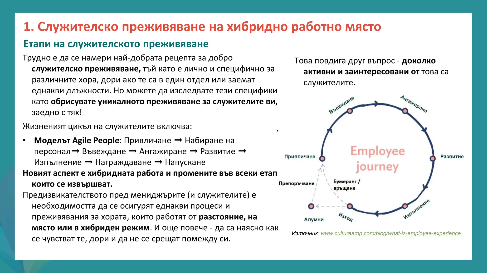 програма
за
овластяване
след
пандемията
1. Служителско преживяване на хибридно работно място
Етапи на служителското преживяване
Това повдига друг въпрос - доколко
активни и заинтересовани от това са
служителите.
Трудно е да се намери най-добрата рецепта за добро
служителско преживяване, тъй като е лично и специфично за
различните хора, дори ако те са в един отдел или заемат
еднакви длъжности. Но можете да изследвате тези специфики,
като обрисувате уникалното преживяване за служителите ви,
заедно с тях!
Жизненият цикъл на служителите включва:
• Моделът Agile People: Привличане ➞ Набиране на
персонал➞ Въвеждане ➞ Ангажиране ➞ Развитие ➞
Изпълнение ➞ Награждаване ➞ Напускане
Новият аспект е хибридната работа и промените във всеки етап,
които се извършват.
Предизвикателството пред мениджърите (и служителите) е
необходимостта да се осигурят еднакви процеси и
преживявания за хората, които работят от разстояние, на
място или в хибриден режим. И още повече - да са наясно как
се чувстват те, дори и да не се срещат помежду си.
Източник: www.cultureamp.com/blog/what-is-employee-experience
 