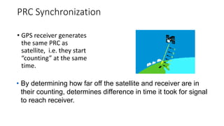 PRC Synchronization
• GPS receiver generates
the same PRC as
satellite, i.e. they start
“counting” at the same
time.
• By determining how far off the satellite and receiver are in
their counting, determines difference in time it took for signal
to reach receiver.
 