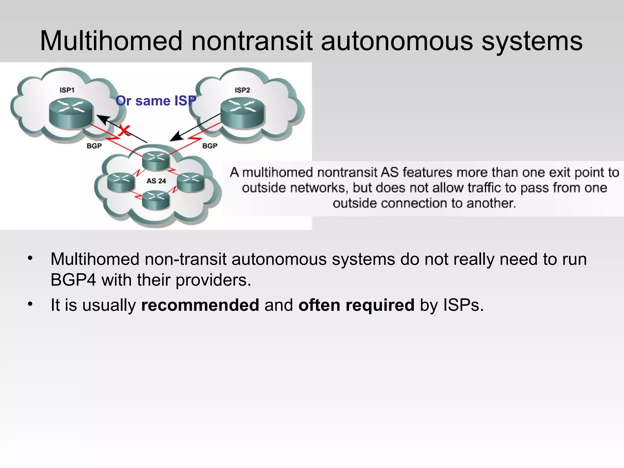 Multihomed nontransit autonomous systems
• Multihomed non-transit autonomous systems do not really need to run
BGP4 with their providers.
• It is usually recommended and often required by ISPs.
Or same ISP
 