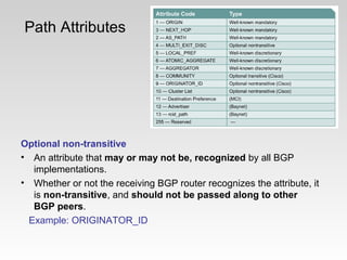 Path Attributes
Optional non-transitive
• An attribute that may or may not be, recognized by all BGP
implementations.
• Whether or not the receiving BGP router recognizes the attribute, it
is non-transitive, and should not be passed along to other
BGP peers.
Example: ORIGINATOR_ID
 