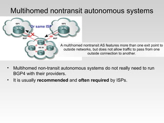 Multihomed nontransit autonomous systems
• Multihomed non-transit autonomous systems do not really need to run
BGP4 with their providers.
• It is usually recommended and often required by ISPs.
Or same ISP
 