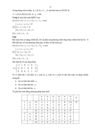 12
Trong bảng trên ta thấy 0, 1, ,6j j∆ ≥ ∀ = K nên bài toán có PATU là
0
(32,0,30,0,0,36)x = và 0 184f = .
Ví dụ 2. Giải bài toán QHTT sau
(1) 1 2 3 4 5 6( ) 6 3 minf x x x x x x x= + + + + − →
(2)
1 2 4 6
1 3 6
1 4 5 6
15
2 2 9
4 2 3 2
x x x x
x x x
x x x x
− + − + =

− + = −
 + + − =
(3) 0, 1, ,6jx j≥ = K .
Giải
Bài toán trên có dạng chính tắc với vế phải của phương trình ràng buộc chính thứ hai là – 9.
Đổi dấu hai vế của phương trình này, ta đưa về bài toán sau
(1) 1 2 3 4 5 6( ) 6 3 7 minf x x x x x x x= + + + + − →
(2)
1 2 4 6
1 3 6
1 4 5 6
15
2 2 9
4 2 3 2
x x x x
x x x
x x x x
− + − + =

− + − =
 + + − =
(3) 0, 1, ,6jx j≥ = K .
Ma trận hệ số của ràng buộc
1 1 0 1 0 1
2 0 1 0 0 2
4 0 0 2 1 3
A
− − 
 = − − 
 − 
Vì A chứa đủ 3 cột đơn vị 1e (cột 2), 2e (cột 3), 3e (cột 5) nên bài toán có dạng chuẩn
trong đó:
• Ẩn cơ bản thứ nhất: 2x
• Ẩn cơ bản thứ hai: 3x
• Ẩn cơ bản thứ ba: 5x
Ta giải bài toán bằng phương pháp đơn hình
x1
6
x2
1
x3
1
x4
3
x5
1
x6
-7
iλ
1
1
1
x2
x3
x5
15
9
2
-1
-2
4
1
0
0
0
1
0
-1
0
2
0
0
1
(1)
-2
-3
15
26 -5 0 0 -2 0 3*
-7
1
1
x6
x3
x5
15
39
47
-1
-4
1
1
2
3
0
1
0
-1
-2
-1
0
0
1
1
0
0
-19 -5 0 0 -2 0 0
 