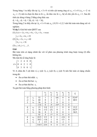 13
Trong bảng 1 ta thấy tồn tại 6 3 0∆ = > và trên cột tương ứng có 13 1 0a = > ( 23 2a = − và
23 3a = − ) nên ta chọn ẩn đưa ra là 6x , ẩn đưa vào là 2x , hệ số chủ yếu là 13 1a = . Sau đó
tính các dòng ở bảng 2 bằng công thức sau
dc = dcy , d2 = d2 + 2dc, d3 = d3 + 3dc.
Trong bảng 2 ta thấy tồn tại 4 1 0∆ = > mà 4 0, 1,2,3ia i≤ ∀ = nên bài toán min đang xét vô
nghiệm.
Ví dụ 3. Giải bài toán QHTT sau
(1) 1 2 3 4 5( ) 2 6 4 2 3 maxf x x x x x x= − + + − + →
(2)
1 2 3
2 3 4
2 5
2 4 52
4 2 60
3 36
x x x
x x x
x x
+ + =

+ + =
 + =
(3) 0, 1, ,5jx j≥ = K .
Giải
Bài toán trên có dạng chính tắc với vế phải của phương trình ràng buộc trong (2) đều
không âm.
Ma trận hệ số ràng buộc là
1 2 4 0 0
0 4 2 1 0
0 3 0 0 1
A
 
 =  
 
 
Vì A chứa đủ 3 cột đơn vị 1e (cột 1), 2e (cột 4), 3e (cột 5) nên bài toán có dạng chuẩn
trong đó:
• Ẩn cơ bản thứ nhất: 1x
• Ẩn cơ bản thứ hai: 4x
• Ẩn cơ bản thứ ba: 5x
Ta giải bài toán bằng phương pháp đơn hình
x1
-2
x2
6
x3
4
x4
-2
x5
3 iλ
-2
-2
3
x1
x4
x5
52
60
36
1
0
0
2
4
3
(4)
2
0
0
1
0
0
0
1
52/4*
60/2
-116 0 -9 -16* 0 0
4
-2
3
x3
x4
x5
13
34
36
1/4
-1/2
0
1/2
(3)
3
1
0
0
0
1
0
0
0
1
13.2
34/3*
36/3
92 4 -1* 0 0 0
4
6
3
x3
x2
x5
22/3
34/3
2
1/3
-1/6
1/2
0
1
0
1
0
0
-1/6
1/3
-1
0
0
1
310/3 23/6 0 0 1/3 0
 