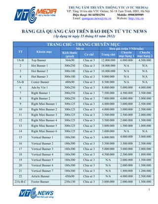 TRUNG TÂM TRUYỀN THÔNG VTC (VTC MEDIA)
                                      VP: Tầng 10 tòa nhà VTC Online, Số 18 Tam Trinh, HBT, Hà Nội
                                          Điện thoại: 04 44501294          Mobile: 0908309989
                                          Email: quangcao.news@vtc.vn      Website: http://vtc.vn



       BẢNG GIÁ QUẢNG CÁO TRÊN BÁO ĐIỆN TỬ VTC NEWS
                              (Áp dụng từ ngày 15 tháng 03 năm 2012)

                       TRANG CHỦ - TRANG CHUYÊN MỤC
                                             Mô tả                  Đơn giá (triệu VNĐ/tuần)
  TT          Khoản mục            Kích thước                                Chuyên       Chuyên
                                                   Cơ chế     Trang chủ mục hạng 1 mục hạng 2
                                     (pixel)
 1A-B     Top Banner                364x90        Chia sẻ 3   12.000.000   6.000.000     4.500.000
   2      Hot Banner 1              300x250       Chia sẻ 3   18.000.000       N/A          N/A
   3      Hot Banner 2              300x100       Chia sẻ 3   10.000.000       N/A          N/A
   4      Hot Banner 3              300x100       Chia sẻ 3    9.000.000       N/A          N/A
 5A-B     Center Banner              480x90       Chia sẻ 3    8.500.000       N/A          N/A
   6      Ads by Vin 1              300x250       Chia sẻ 3    8.000.000    5.000.000    4.000.000
   7      Right Banner 1            300x250       Chia sẻ 3    7.500.000    4.500.000    3.500.000
   8      Right Banner 2            300x250       Chia sẻ 3    7.000.000    4.000.000    3.000.000
   9      Right Mini Banner 1       300x125       Chia sẻ 3    4.000.000    3.000.000    2.500.000
  10      Right Mini Banner 2       300x125       Chia sẻ 3    4.000.000    3.000.000    2.500.000
  11      Right Mini Banner 3       300x125       Chia sẻ 3    3.500.000    2.500.000    2.000.000
  12      Right Mini Banner 4       300x125       Chia sẻ 3    3.500.000    2.000.000    1.500.000
  13      Right Mini Banner 5       300x125       Chia sẻ 3    3.000.000    1.500.000    1.000.000
  14      Right Mini Banner 6       300x125       Chia sẻ 3    3.000.000       N/A          N/A
  15      Vertical Banner 1         180x300       Chia sẻ 3    6.000.000    4.000.000    3.000.000

  16      Vertical Banner 2         180x300       Chia sẻ 3    5.500.000    3.500.000    2.500.000
  17      Vertical Banner 3         180x300       Chia sẻ 3    5.000.000    3.000.000    2.000.000
  18      Vertical Banner 4         180x300       Chia sẻ 3    4.500.000    2.500.000    1.800.000
  19      Vertical Banner 5         180x300       Chia sẻ 3       N/A       2.000.000    1.500.000
  20      Vertical Banner 6         180x300       Chia sẻ 3       N/A       2.000.000    1.500.000
  21      Vertical Banner 7         180x300       Chia sẻ 3       N/A       1.800.000    1.200.000
  22      Article Banner             450x90       Chia sẻ 3       N/A       4.000.000    2.500.000
23A-B-C   Footer Banner             230x130       Chia sẻ 3    3.000.000    2.000.000    1.500.000

                                                                                                  1
 