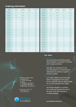 Ordering
Number
Crimped Stent
Length
Expanded
Stent Diameter
Introducer
Sheath Size
Usable Catheter
Length
BGP1805_1 18 5.0 mm 6F 75 cm
BGP2205_1 22 5.0 mm 6F 75 cm
BGP2805_1 28 5.0 mm 6F 75 cm
BGP3805_1 38 5.0 mm 6F 75 cm
BGP5805_1 58 5.0 mm 6F 75 cm
BGP1806_1 18 6.0 mm 6F 75 cm
BGP2206_1 22 6.0 mm 6F 75 cm
BGP2806_1 28 6.0 mm 6F 75 cm
BGP3806_1 38 6.0 mm 6F 75 cm
BGP5806_1 58 6.0 mm 6F 75 cm
BGP1807_1 18 7.0 mm 7F 75 cm
BGP2307_1 23 7.0 mm 7F 75 cm
BGP2707_1 27 7.0 mm 7F 75 cm
BGP3707_1 37 7.0 mm 7F 75 cm
BGP5707_1 57 7.0 mm 7F 75 cm
BGP2708_1 27 8.0 mm 7F 75 cm
BGP3708_1 37 8.0 mm 7F 75 cm
BGP5708_1 57 8.0 mm 7F 75 cm
BGP2709_1 27 9.0 mm 7F 75 cm
BGP3709_1 37 9.0 mm 7F 75 cm
BGP5709_1 57 9.0 mm 7F 75 cm
BGP2710_1 27 10.0 mm 7F 75 cm
BGP3710_1 37 10.0 mm 7F 75 cm
BGP5710_1 57 10.0 mm 7F 75 cm
Ordering
Number
Crimped Stent
Length
Expanded
Stent Diameter
Introducer
Sheath Size
Usable Catheter
Length
BGP1805_2 18 5.0 mm 6F 120 cm
BGP2205_2 22 5.0 mm 6F 120 cm
BGP2805_2 28 5.0 mm 6F 120 cm
BGP3805_2 38 5.0 mm 6F 120 cm
BGP5805_2 58 5.0 mm 6F 120 cm
BGP1806_2 18 6.0 mm 6F 120 cm
BGP2206_2 22 6.0 mm 6F 120 cm
BGP2806_2 28 6.0 mm 6F 120 cm
BGP3806_2 38 6.0 mm 6F 120 cm
BGP5806_2 58 6.0 mm 6F 120 cm
BGP1807_2 18 7.0 mm 7F 120 cm
BGP2307_2 23 7.0 mm 7F 120 cm
BGP2707_2 27 7.0 mm 7F 120 cm
BGP3707_2 37 7.0 mm 7F 120 cm
BGP5707_2 57 7.0 mm 7F 120 cm
BGP2708_2 27 8.0 mm 7F 120 cm
BGP3708_2 37 8.0 mm 7F 120 cm
BGP5708_2 57 8.0 mm 7F 120 cm
BGP2709_2 27 9.0 mm 7F 120 cm
BGP3709_2 37 9.0 mm 7F 120 cm
BGP5709_2 57 9.0 mm 7F 120 cm
BGP2710_2 27 10.0 mm 7F 120 cm
BGP3710_2 37 10.0 mm 7F 120 cm
BGP5710_2 57 10.0 mm 7F 120 cm
	 www.bentley-innomed.com
	 Our vision
	 innovative
		 we use advanced leading edge
technologies to develop innovative
and unique products
	 dedicated
through our customer focus
and compliance to international
standards we achieve superior
product quality
	 responsible
our highly skilled and motivated
team is engaged for the good
of our patients. We are responsible
for our environment and region
	 effective
we remain flexible to achieve
our customer’s goals and strive
for time- and cost efficiency
in all processes
Bentley InnoMed GmbH
Lotzenäcker 25
D - 72379 Hechingen
Germany
T	 + 49 (0)7471 984 995 10
F	 + 49 (0)7471 984 995 9
info@bentley-innomed.com
© 2013 Bentley InnoMed GmbH
All Rights Reserved
Art.-Nr. 400876-001/001
PERIPHERALOrdering information
 