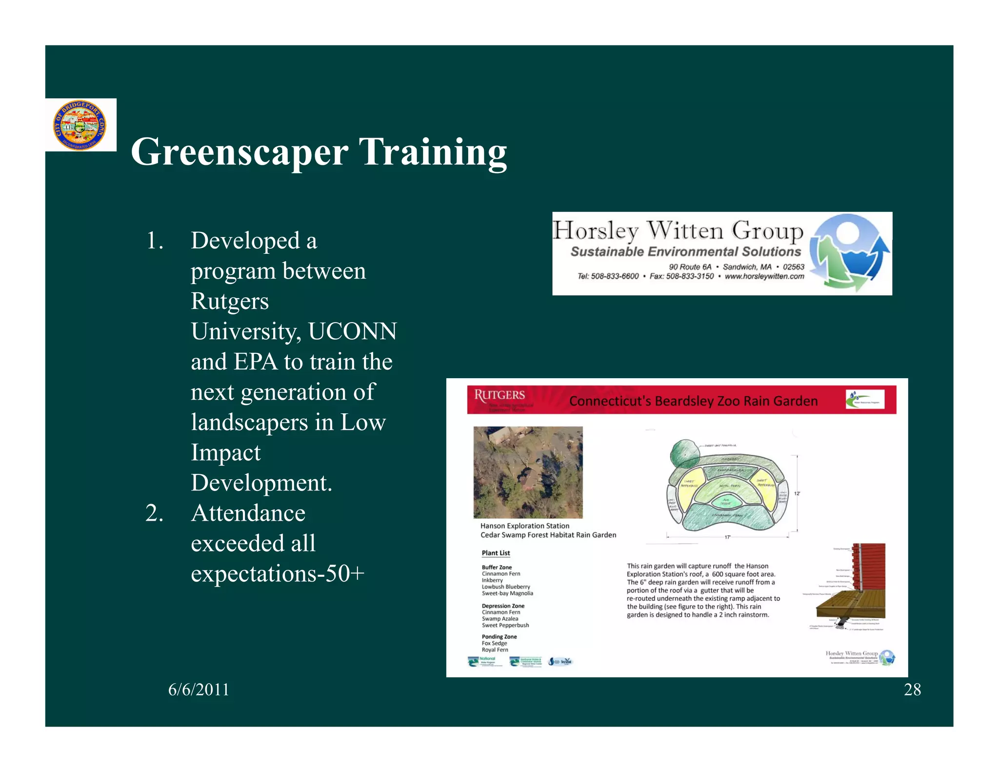 Greenscaper Training
G           T i i

1.
1      Developed a
       program between
       Rutgers
       University, UCONN
       and EPA to train the
       next generation of
       landscapers in Low
              p
       Impact
       Development.
2.     Attendance
       exceeded all
       expectations-50+



     6/6/2011                 28
 