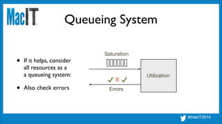 Queueing System
Saturation
Utilization
Errors
X
• If it helps, consider 
all resources as a 
a queueing system:	

• Also check errors
 