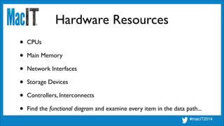 Hardware Resources
• CPUs	

• Main Memory	

• Network Interfaces	

• Storage Devices	

• Controllers, Interconnects	

• Find the functional diagram and examine every item in the data path...
 