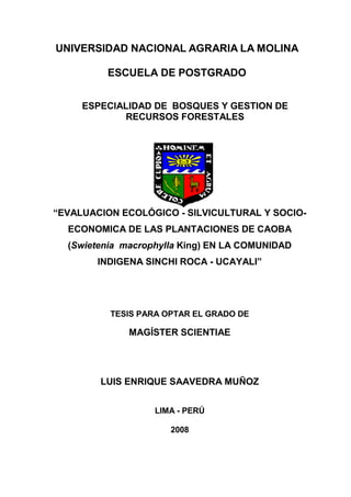UNIVERSIDAD NACIONAL AGRARIA LA MOLINA
ESCUELA DE POSTGRADO
ESPECIALIDAD DE BOSQUES Y GESTION DE
RECURSOS FORESTALES
“EVALUACION ECOLÓGICO - SILVICULTURAL Y SOCIO-
ECONOMICA DE LAS PLANTACIONES DE CAOBA
(Swietenia macrophylla King) EN LA COMUNIDAD
INDIGENA SINCHI ROCA - UCAYALI”
TESIS PARA OPTAR EL GRADO DE
MAGÍSTER SCIENTIAE
LUIS ENRIQUE SAAVEDRA MUÑOZ
LIMA - PERÚ
2008
 