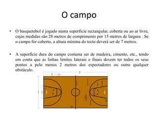 O campoO basquetebol é jogado numa superfície rectangular, coberta ou ao ar livre, cujas medidas são 28 metros de comprimento por 15 metros de largura . Se o campo for coberto, a altura mínima do tecto deverá ser de 7 metros.A superfície dura do campo costuma ser de madeira, cimento, etc., tendo em conta que as linhas limites laterais e finais devem ter todos os seus pontos a pelo menos 2 metros dos espectadores ou outro qualquer obstáculo.
