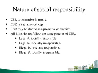 Nature of social responsibility
 CSR is normative in nature.
 CSR is a relative concept.
 CSR may be started as a proactive or reactive.
 All firms do not follow the same patterns of CSR.
 Legal & socially responsible.
 Legal but socially irresponsible.
 Illegal but socially responsible.
 Illegal & socially irresponsible.
 