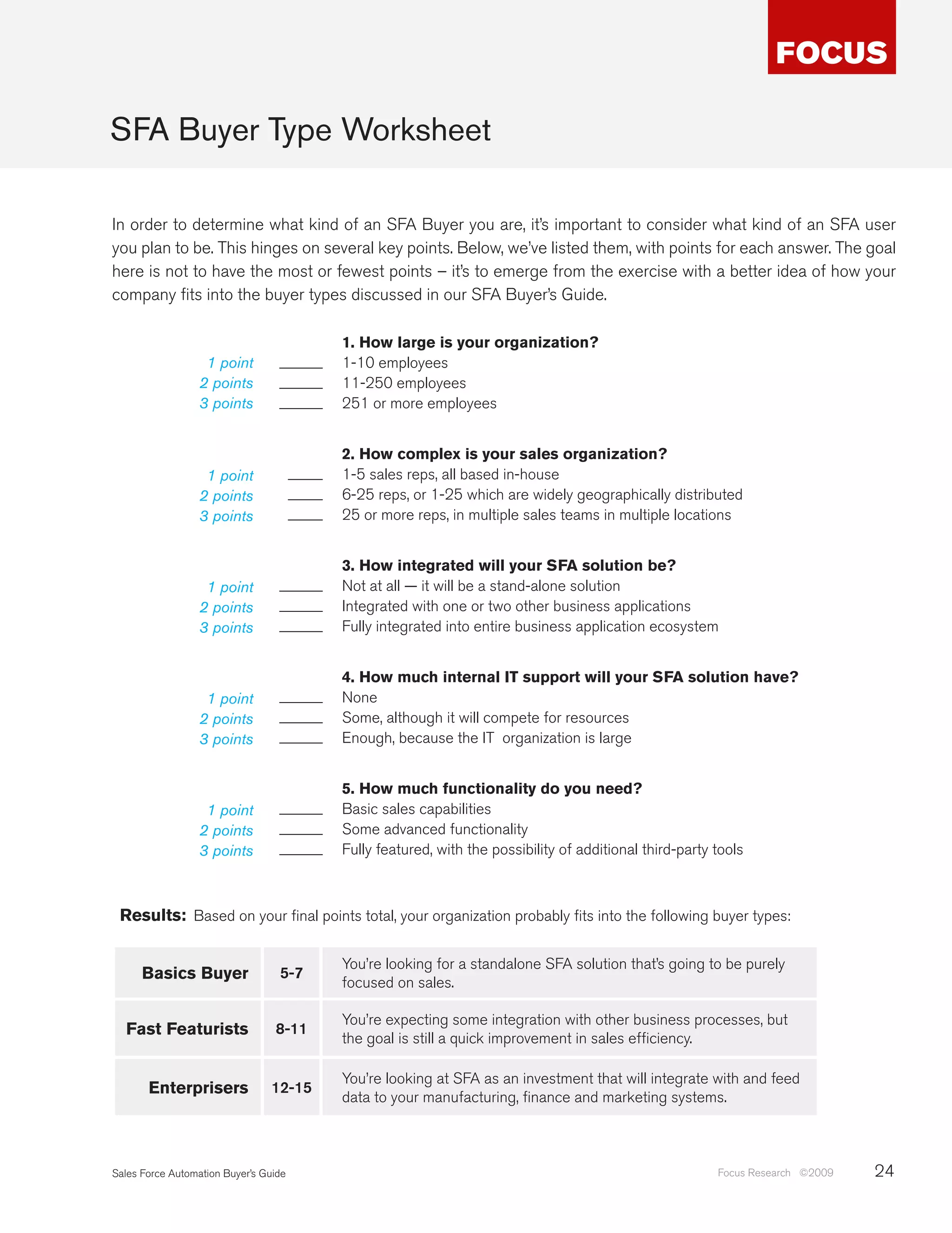 SFA Buyer Type Worksheet

In order to determine what kind of an SFA Buyer you are, it’s important to consider what kind of an SFA user
you plan to be. This hinges on several key points. Below, we’ve listed them, with points for each answer. The goal
here is not to have the most or fewest points – it’s to emerge from the exercise with a better idea of how your
company fits into the buyer types discussed in our SFA Buyer’s Guide.

                                              1. How large is your organization?
                   1 point        _____       1-10 employees
                  2 points        _____       11-250 employees
                  3 points        _____       251 or more employees


                                              2. How complex is your sales organization?
                   1 point             ____   1-5 sales reps, all based in-house
                  2 points             ____   6-25 reps, or 1-25 which are widely geographically distributed
                  3 points             ____   25 or more reps, in multiple sales teams in multiple locations


                                              3. How integrated will your SFA solution be?
                   1 point        _____       Not at all — it will be a stand-alone solution
                  2 points        _____       Integrated with one or two other business applications
                  3 points        _____       Fully integrated into entire business application ecosystem


                                              4. How much internal IT support will your SFA solution have?
                   1 point        _____       None
                  2 points        _____       Some, although it will compete for resources
                  3 points        _____       Enough, because the IT organization is large


                                              5. How much functionality do you need?
                   1 point        _____       Basic sales capabilities
                  2 points        _____       Some advanced functionality
                  3 points        _____       Fully featured, with the possibility of additional third-party tools



 Results: Based on your final points total, your organization probably fits into the following buyer types:

                                              You’re looking for a standalone SFA solution that’s going to be purely
      Basics Buyer                5-7
                                              focused on sales.

                                              You’re expecting some integration with other business processes, but
  Fast Featurists                8-11
                                              the goal is still a quick improvement in sales efficiency.

                                              You’re looking at SFA as an investment that will integrate with and feed
       Enterprisers              12-15
                                              data to your manufacturing, finance and marketing systems.



Sales Force Automation Buyer’s Guide                                                                         Focus Research ©2009   24
 