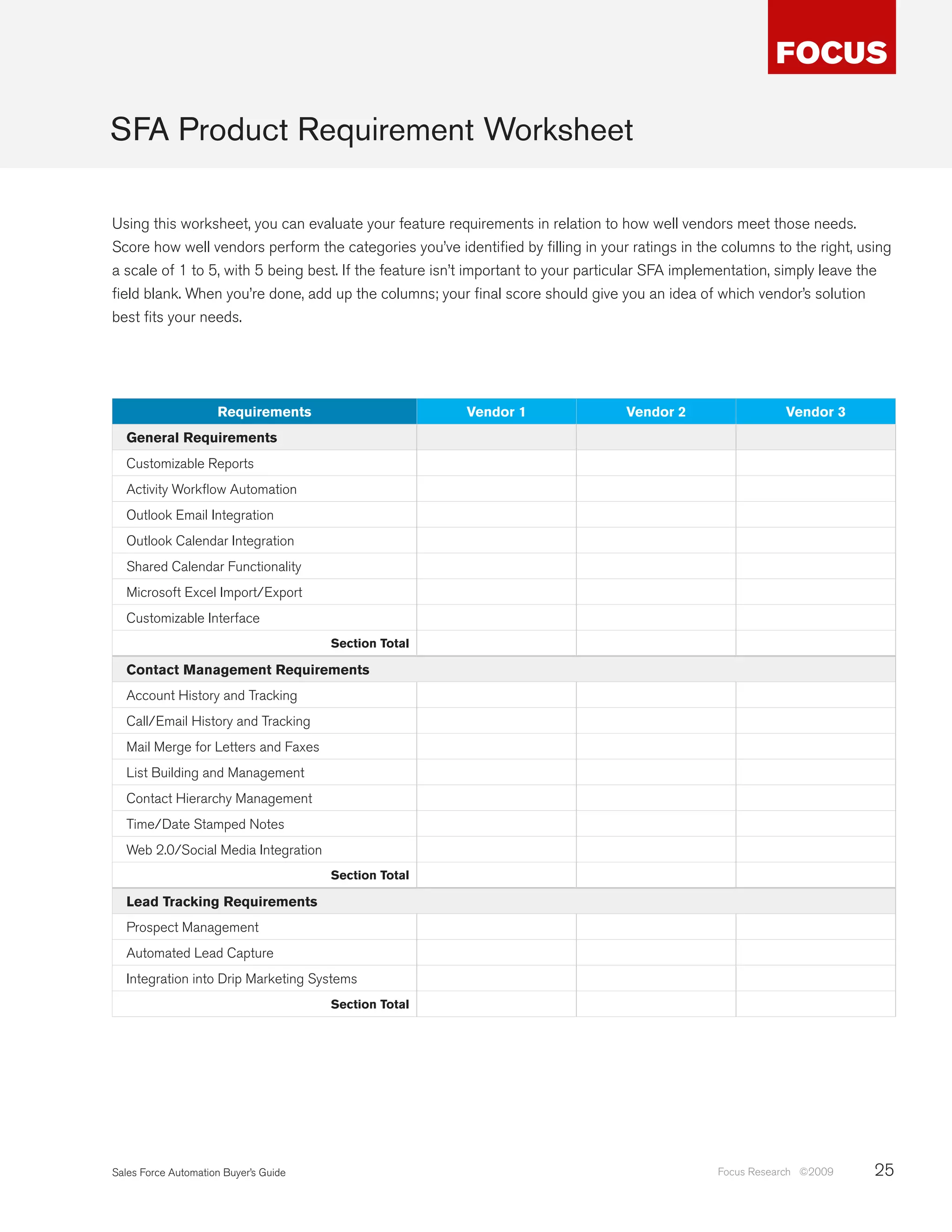 SFA Product Requirement Worksheet

Using this worksheet, you can evaluate your feature requirements in relation to how well vendors meet those needs.
Score how well vendors perform the categories you’ve identified by filling in your ratings in the columns to the right, using
a scale of 1 to 5, with 5 being best. If the feature isn’t important to your particular SFA implementation, simply leave the
field blank. When you’re done, add up the columns; your final score should give you an idea of which vendor’s solution
best fits your needs.




                     Requirements                       Vendor 1                  Vendor 2                  Vendor 3
  General Requirements
  Customizable Reports
  Activity Workflow Automation
  Outlook Email Integration
  Outlook Calendar Integration
  Shared Calendar Functionality
  Microsoft Excel Import/Export
  Customizable Interface
                                       Section Total

  Contact Management Requirements
  Account History and Tracking
  Call/Email History and Tracking
  Mail Merge for Letters and Faxes
  List Building and Management
  Contact Hierarchy Management
  Time/Date Stamped Notes
  Web 2.0/Social Media Integration
                                       Section Total

  Lead Tracking Requirements
  Prospect Management
  Automated Lead Capture
  Integration into Drip Marketing Systems
                                       Section Total




Sales Force Automation Buyer’s Guide                                                             Focus Research ©2009     25
 