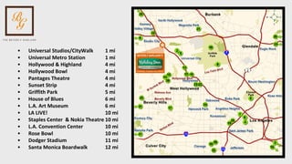 Universal Studios/CityWalk  1 mi Universal Metro Station 1 mi Hollywood & Highland  4 mi  Hollywood Bowl  4 mi Pantages Theatre  4 mi Sunset Strip  4 mi Griffith Park  5 mi House of Blues  6 mi L.A. Art Museum  6 mi LA LIVE!  10 mi Staples Center  & Nokia Theatre 10 mi L.A. Convention Center  10 mi Rose Bowl  10 mi Dodger Stadium  11 mi Santa Monica Boardwalk 12 mi  