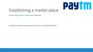 Establishing a market place:
• Venturing into the E-Commerce Business
• Symbiotic relationship between Payments and Market Place
 