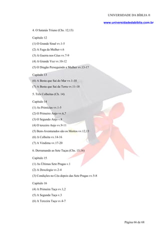 UNIVERSIDADE DA BÍBLIA ®
www.universidadedabiblia.com.br
4. O Satanás Triuno (Chs. 12,13)
Capítulo 12
(1) O Grande Sinal vv.1-5
(2) A Fuga da Mulher v.6
(3) A Guerra nos Céus vv.7-9
(4) A Grande Voz vv.10-12
(5) O Dragão Perseguindo a Mulher vv.13-17
Capítulo 13
(6) A Besta que Sai do Mar vv.1-10
(7) A Besta que Sai da Terra vv.11-18
5. Três Colheitas (Ch. 14)
Capítulo 14
(1) As Primícias vv.1-5
(2) O Primeiro Anjo vv.6,7
(3) O Segundo Anjo v.8
(4) O terceiro Anjo vv.9-11
(5) Bem-Aventurados são os Mortos vv.12,13
(6) A Colheita vv.14-16
(7) A Vindima vv.17-20
6. Derramando as Sete Taças (Chs. 15,16)
Capítulo 15
(1) As Últimas Sete Pragas v.1
(2) A Doxologia vv.2-4
(3) Condições no Céu depois das Sete Pragas vv.5-8
Capítulo 16
(4) A Primeira Taça vv.1,2
(5) A Segunda Taça v.3
(6) A Terceira Taça vv.4-7
Página 66 de 68
 