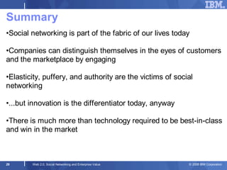 Summary
•Social networking is part of the fabric of our lives today

•Companies can distinguish themselves in the eyes of ...