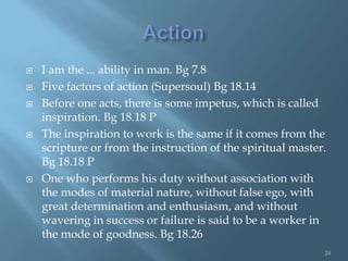    I am the ... ability in man. Bg 7.8
   Five factors of action (Supersoul) Bg 18.14
   Before one acts, there is some impetus, which is called
    inspiration. Bg 18.18 P
   The inspiration to work is the same if it comes from the
    scripture or from the instruction of the spiritual master.
    Bg 18.18 P
   One who performs his duty without association with
    the modes of material nature, without false ego, with
    great determination and enthusiasm, and without
    wavering in success or failure is said to be a worker in
    the mode of goodness. Bg 18.26
                                                             24
 