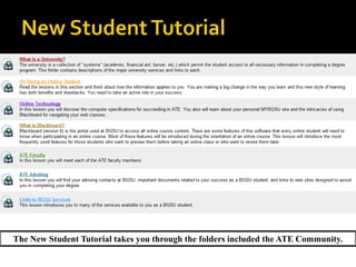 Important information included  ATE Advising and program information, a tutorial for new students, what it means to be an online student and faculty information.