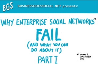 BusinessGoesSocial presents: Why enterprise socialsocial networks fail what you you
BusinessGoesSocial.net presents: Why enterprise networks fail (and (and what
can do about it)it) part 1
Yammer, Jive, Chatter etc
can do about part one
Yammer, Jive, Chatter etc

 
