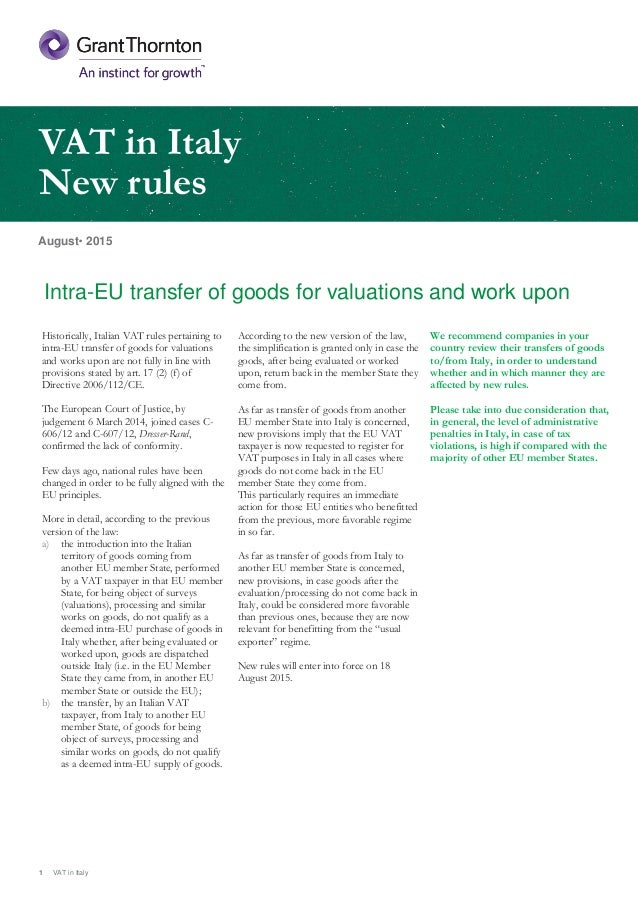 Italy New VAT rules on IntraEU transfer of goods for valuations and…