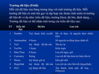 Trường dữ liệu (Field)
Mỗi cột dữ liệu của bảng tương ứng với một trường dữ liệu. Mỗi
trường dữ liệu có một tên gọi và tập hợp các thuộc tính miêu tả trường
dữ liệu đó ví dụ như: kiểu dữ liệu, trường khoá, độ lớn, định dạng, ..
Trường dữ liệu có thể nhận một trong các kiểu dữ liệu sau:
TT     Kiểu dữ             Độ lớn                       Lưu trữ.
         liệu
1    Number      Tuỳ thuộc kiểu cụ thể   Số: số thực, số nguyên theo nhiều
                                         kiểu
2    Autonumber 4 bytes                  Số nguyên tự động được đánh số.
3    Text        tuỳ thuộc độ dài xâu    Xâu ký tự
4    Yes/No      1 bytes                 Kiểu logic
5    Date/Time   8 bytes                 Lưu trữ ngày, giờ
6    Currentcy   String                  Lưu trữ dữ liệu kèm ký hiệu tiền tệ
7    Memo        tuỳ thuộc giá trị       kiểu ghi nhớ
8    Hyperlink   tuỳ thuộc độ dài xâu Lưu trữ các siêu liên kết (hyperlink)
9    OLE         tuỳ thuộc dữ liệu       Âm thanh, hình ảnh, đồ hoạ, …
                                         (Objects)
 