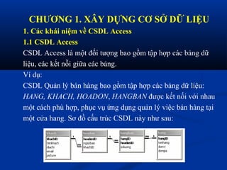 CHƯƠNG 1. XÂY DỰNG CƠ SỞ DỮ LIỆU
1. Các khái niệm về CSDL Access
1.1 CSDL Access
CSDL Access là một đối tượng bao gồm tập hợp các bảng dữ
liệu, các kết nỗi giữa các bảng.
Ví dụ:
CSDL Quản lý bán hàng bao gồm tập hợp các bảng dữ liệu:
HANG, KHACH, HOADON, HANGBAN được kết nối với nhau
một cách phù hợp, phục vụ ứng dụng quản lý việc bán hàng tại
một cửa hang. Sơ đồ cấu trúc CSDL này như sau:
 
