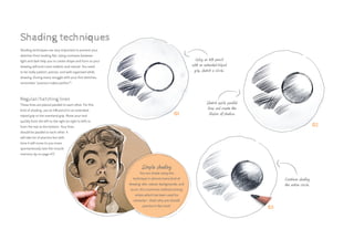 01
03
02
Using an HB pencil
with an extended tripod
grip, sketch a circle.
Sketch quick, parallel
lines and create the
illusion of shadow.
Continue shading
the entire circle.
Shading techniques are very important to prevent your
sketches from looking flat. Using contrasts between
light and dark help you to create shape and form so your
drawing will look more realistic and natural. You need
to be really patient, precise, and well organized while
drawing. During every struggle with your first sketches,
remember “practice makes perfect”!
Regular/hatching lines
These lines are placed parallel to each other. For this
kind of shading, use an HB pencil in an extended
tripod grip or the overhand grip. Move your tool
quickly from the left to the right (or right to left) or
from the top to the bottom. Your lines
should be parallel to each other. It
will take lot of practice but with
time it will come to you more
spontaneously (see the muscle
memory tip on page 47).
Shading techniques
Simple shading
You can shade using this
technique in almost every kind of
drawing: skin, values, backgrounds, and
so on. It’s a common method among
artists which has been used for
centuries – that’s why you should
practice it the most!
 