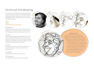 05 Final result
0
1
R
eference
A continual contour or line drawing is an exercise that will help you to
focus on the line of your drawing. This method develops confidence
and drawing speed, and encourages your eyes, hand, and brain to
work together. The idea is to create a drawing in which you never lift
your pencil from the paper.
TOOLS:
• Pencil
• Small sketchbook on your lap or a table
01 Reference
It is highly recommended that you draw from life, but if you have no
opportunity to do so, don’t worry – you can use photo references as
well. The idea here is to train your hand and eyes to work in unison.
02 Eyes
Contour drawing is basically tracing something with your eyes. Try to
study your object and start drawing it from the contour you see. It’s
easier to start from the eyes or from the nose of your model, looking
for edges first, then exploring cross-contours to suggest form, as well
as following the edges of shadows across the figure.
03 Hair
Try to not go back and forth on one line and to not pick up your
pencil at all. Draw slowly – this way you can see the correct
proportions better.
04 Details
Continue with details – but don’t pick up your pencil!
05 Final result
If your drawing doesn’t look like your reference, don’t worry!
Continual line drawing
Muscle memory
This is a form of procedural memory that can
help you become very good at something through
repetition. “Practice makes perfect” can be an accurate
phrase because the more you do something, the more
you build up that procedural memory and the more
your brain can quickly instruct your muscles to carry
it out. Our mind has to focus on moving the shoulder
correctly instead of making decisions about the
drawing. You need to train your shoulder and repeat
the motion while drawing so many times that it
becomes intuitive. During sketching, try to use
the overhand grip which allows you to make
whole arm movements on your paper.
0
2 Eyes
03 Hair
04 Details
 